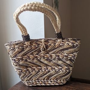 Brown and Tan Weaved Basket Shoulder Bag Purse